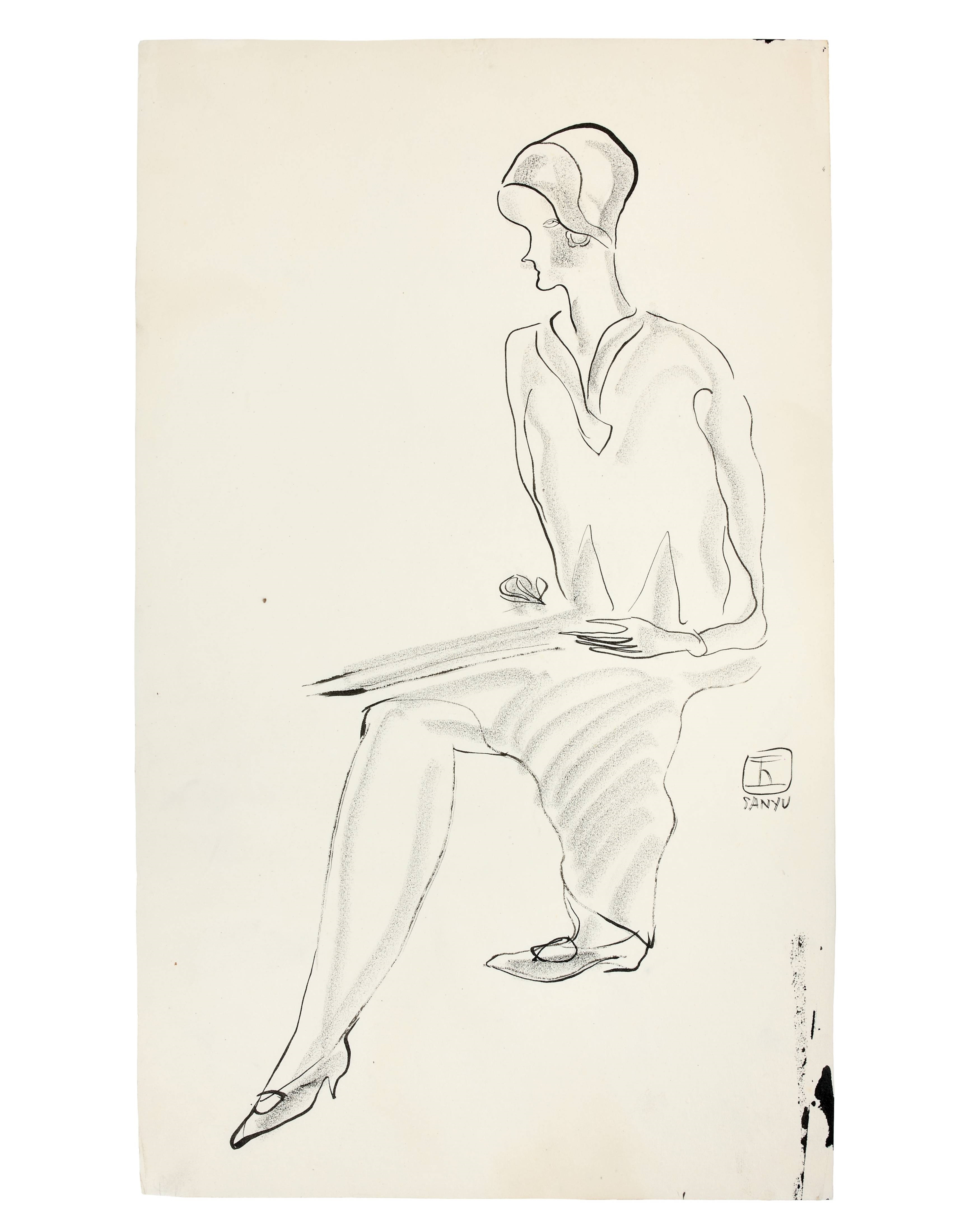 Artwork by Sanyu, Femme assise de profil au carton à dessin, Made of Ink on paper