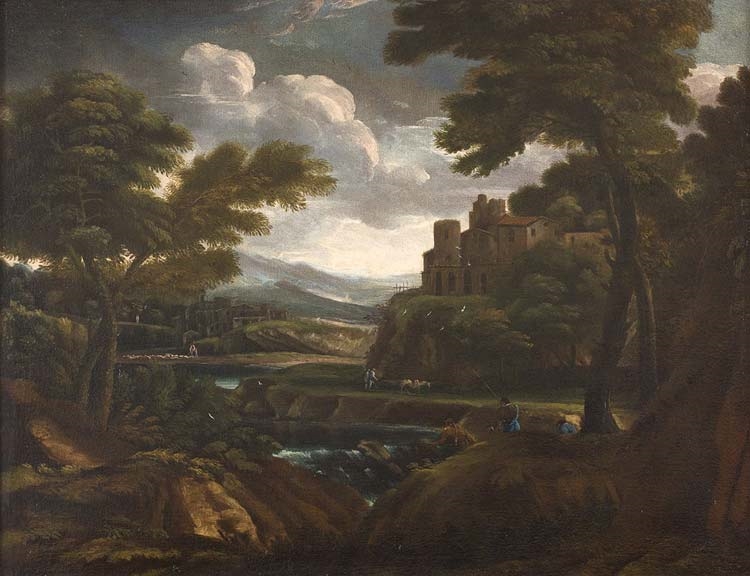 Artwork by Crescenzio d'Onofrio, Landscape with  a citadel and figures, Made of oil on canvas