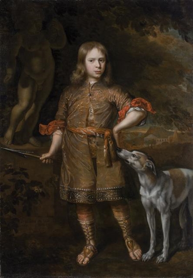 Portrait of a Boy as a Hunter, Holding a Boar Spear, with his Greyhound by Jacques Vaillant