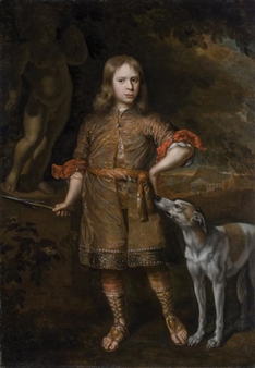 Portrait of a Boy as a Hunter, Holding a Boar Spear, with his Greyhound - Jacques Vaillant