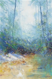 A misty forest scene with a winding path through tall trees.