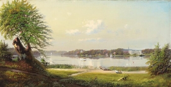 Danish Summer Landscape with Boats and Steam Boats on the Water in the Background Sorö Academy - Carl Vilhelm Nielsen