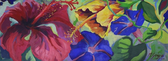 A vibrant floral composition featuring bold red, blue, and yellow flowers against a green background.