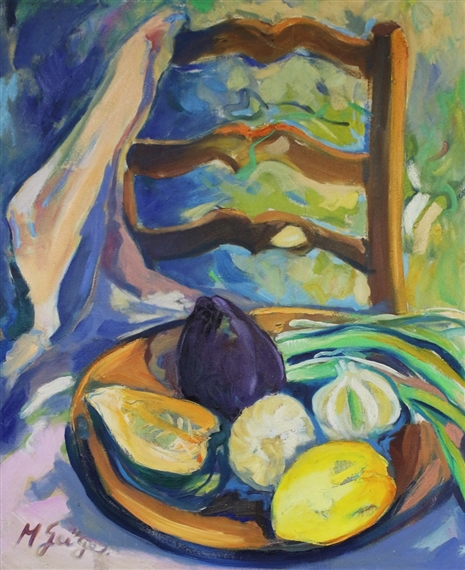 A vibrant still life featuring a bowl of vegetables and fruit against a colorful, abstract background.