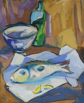 A still life painting of a whole fish on paper with a bowl and bottle in the background.