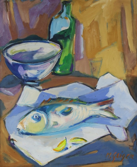 A still life painting of a whole fish on paper with a bowl and bottle in the background.