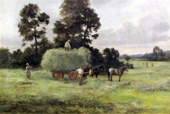 Haymaking scene with figures and cart by Albert Edmund Gyngell, 1887