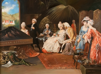Music room scene with a lady playing a piano, a man singing and a group of people in attendance listing to them - John Landes