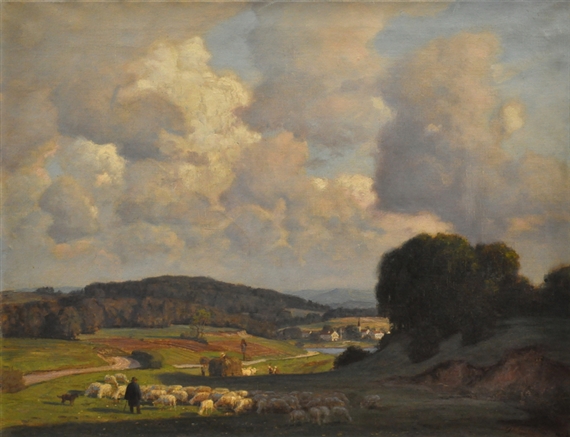 Landschaft mit Schäfer, Schafen und Heuwagen by Theodor Grätz