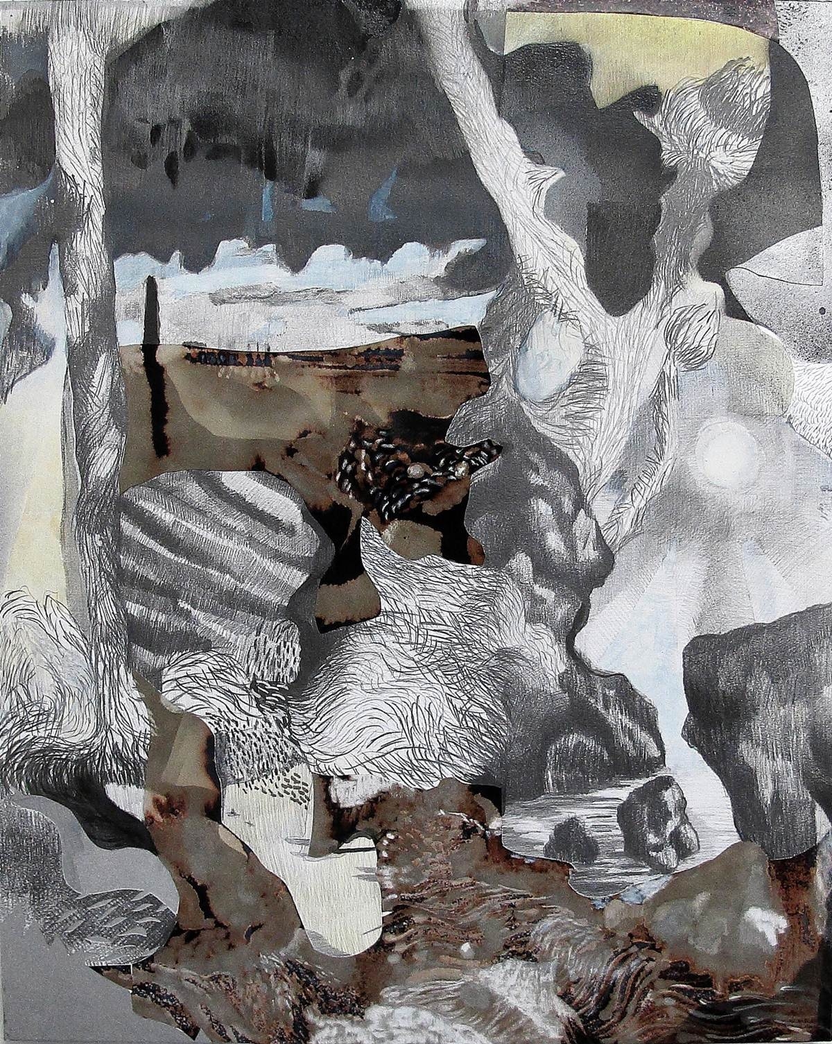 Artwork by Alessandro Roma, Qualche luogo, veramente qualche cosa, Made of Graphite and fabric collage on panel