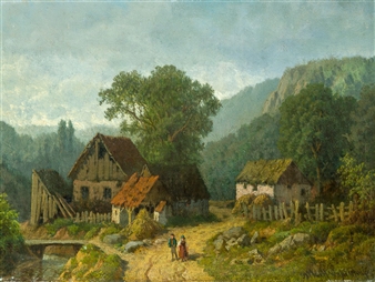 Waldlandschaft mit ruinösen Bauernhäusern in Westfalen - Balduin Wolf