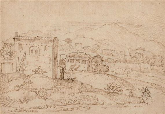 Paysage boisé avec une femme nourrissant des poules près d'une ferme by Bolognese School, 17th Century