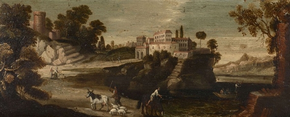 Paysage fluvial animé de figures by Roman School, 17th Century, circa 1600