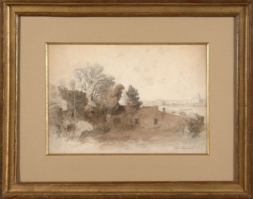 Artwork by Félix Ziem, Vue d'une villa à Rome, Made of Brown and gray lavis on black pencil line