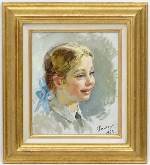 Sketch of a little girl smiling by Elena Mikhailovna Kostenko, 1951