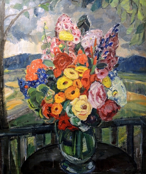 Stillleben mit Blumenstrauß vor mediterana Landschaft by Gerta Springer