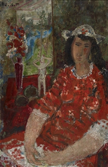 Sitzende junge Frau in rotem Kleid vor Fenster - Adolf Herbst