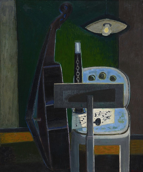 Artwork by Max Truninger, Musik-Stillleben mit Bassgeige, Made of oil on canvas