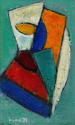 Artwork by Carl Walter Liner, Farbkomposition auf Türkis, Made of oil on burlap