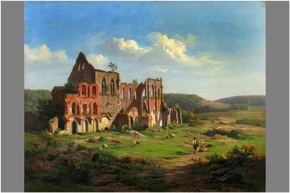 'Geanimeerd landschap met zicht van een ruine' by Lodewijk de Maertelaere