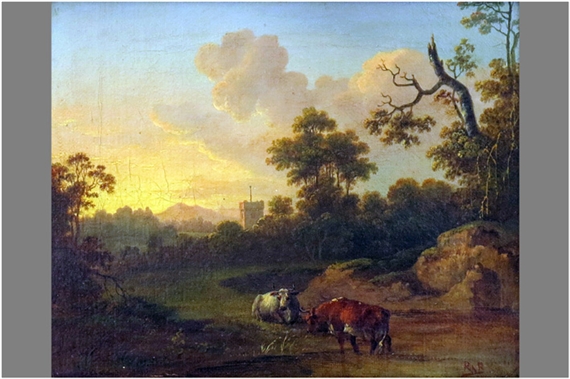 'Landschap met burcht en twee koeien op de voorgrond' by Rosa Bonheur