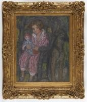 A framed painting of a person holding a small figure in a dimly lit, intimate setting.
