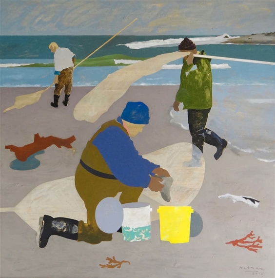 A stylized beach scene featuring figures in colorful attire engaged in shell-gathering activities.