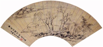 A Literati Hut by a Winter River Among Dry Trees Dismounted from a Folding Fan - Kobayashi Mimata Hitsu