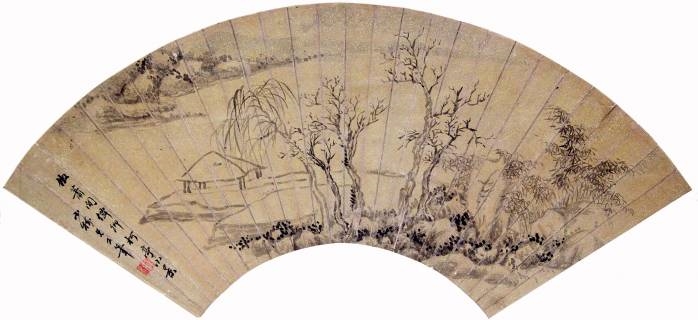 Artwork by Kobayashi Mimata Hitsu, A Literati Hut by a Winter River Among Dry Trees Dismounted from a Folding Fan, Made of Ink on silk