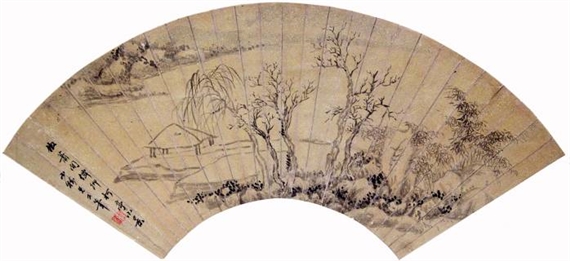 A Literati Hut by a Winter River Among Dry Trees Dismounted from a Folding Fan - Kobayashi Mimata Hitsu