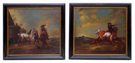 2 Works: Two Horsemen with Horses by German School, 18th Century, Circa 1700