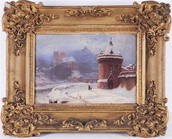 Kleine Winterlandschaft mit mittelalterlicher Stadtbefestigung, Brücke u. gotischer Kirche sowie Staffagefiguren by Johann Friedrich Stock, 1853