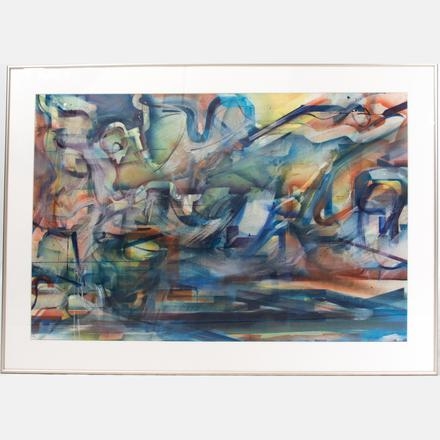 An abstract composition of swirling forms in blues, greens, and ochres.