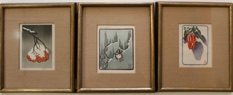 3 Works: Untitled, Berries, Red Pepper and Chickadee - Leslie Gale Saunders