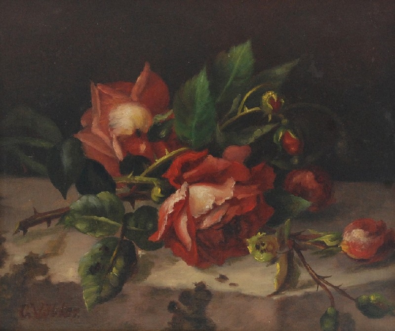 Artwork by G. Vőlker, Czerwone róże, Made of oil on invoiced cardboard