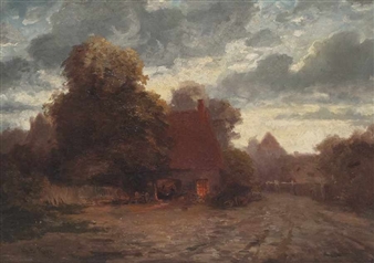 A moody landscape painting of a rustic cottage nestled among trees under a dramatic, cloudy sky.