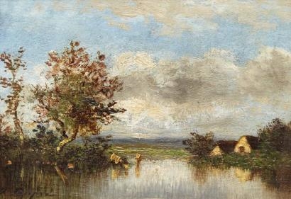 Artwork by Jules Dupré, Vaches à la mare, Made of Oil on panel