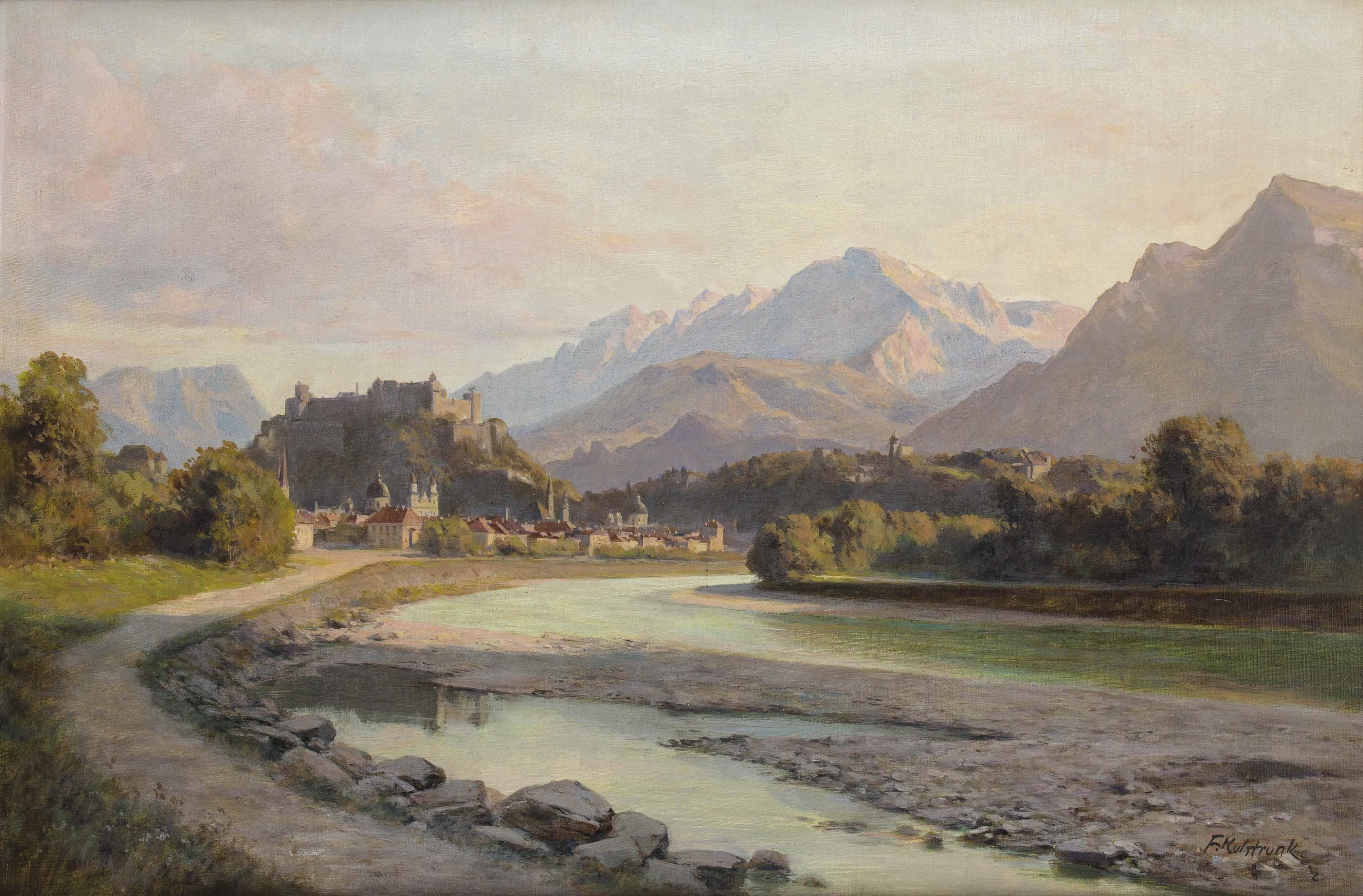 Blick vom Salzachufer auf Salzburg mit Festung und Untersberg by Franz Kulstrunk