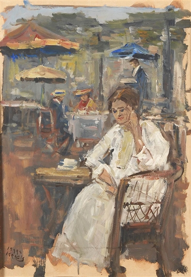 A painterly scene of a woman in white at an outdoor café, surrounded by umbrellas and other figures.