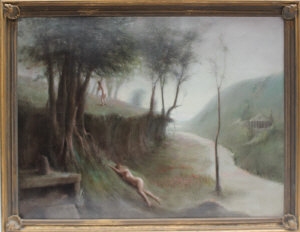 Naked figures by a river in a landscape by Harry Holland