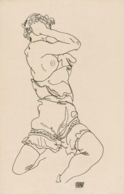 Artwork by Egon Schiele, Auf der Ferse sitzende Frau, Made of black crayon on paper