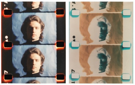 A diptych of film strips featuring a person's face against contrasting backgrounds.
