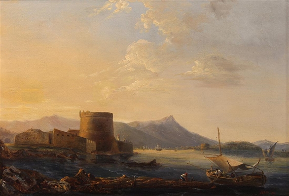 Mountain Lake Landscape with Castle Ruins and Figures in Boats by Lev Felixovich Lagorio, 1886