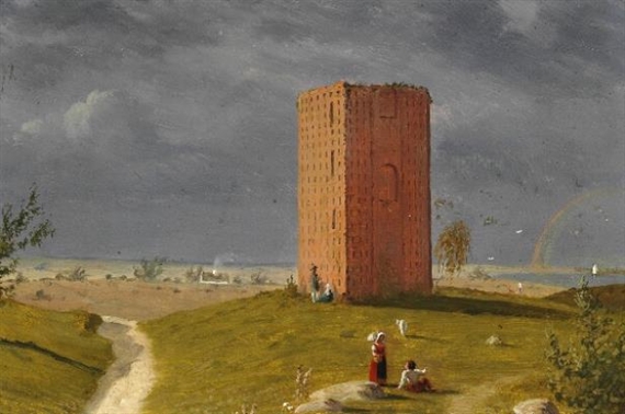 Landscape with tower and rainbow, probably from Østerlen in Sweden by Jørgen Roed