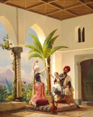 Scene from an oriental palace with a young woman dancing by Niels Simonsen, 1842