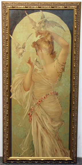 Standing woman with white doves by Mary Golay
