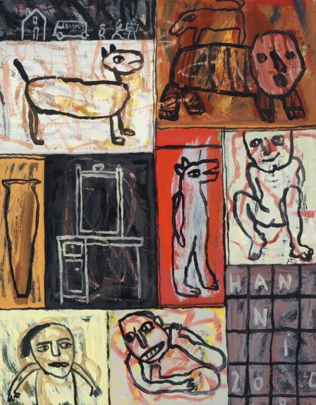 Artwork by Hanni Bjartalíð, Figures and dogs, Made of Acrylic on canvas