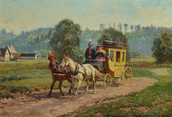 Two-Horse Stagecoach with Coachman, Maid and Passengers in a Wide Landscape in the Background a Farmhouse by Fritz van der Venne