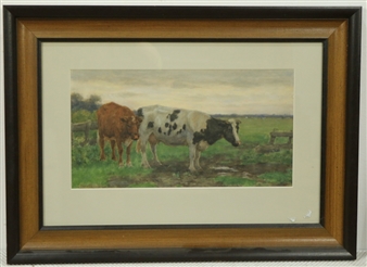 Namiddag met twee koeien bij een hek - Hermanus Gerhardus Wolbers