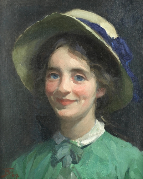Portrait of a girl in a hat by Frank Bramley, 1909